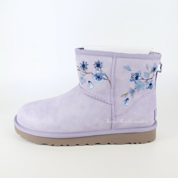 NEW UGG CLASSIC MINI Suede  Embroidered Floral Boots - Picture 4 of 14